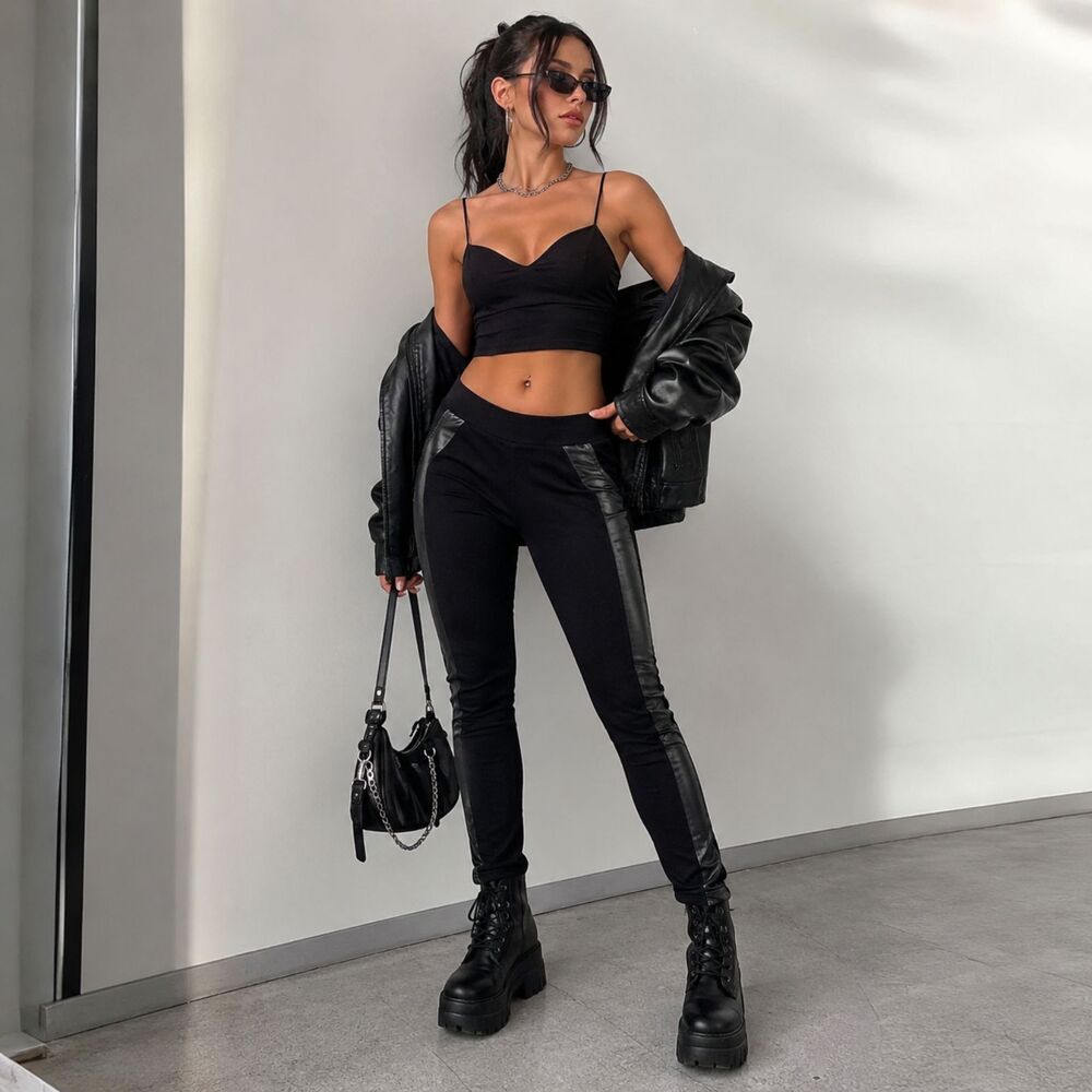 Yelete Faux Leather Trim Skinny Leggings Black M/L Baddie Moto Pants